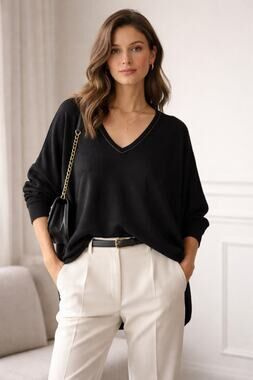 Elie Tahari Black V Neck Sweater L Minimalist Capsule Quiet Luxury